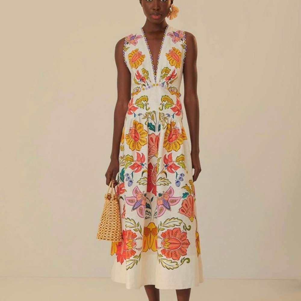 White Floral V-Neck Sleeveless Midi Dress